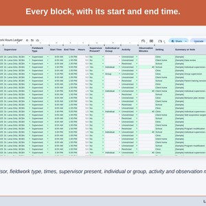 The Fieldwork Log tab: one row per block with supervisor, fieldwork type, start and end time, hours, supervisor present, individual or group, activity and observation minutes.