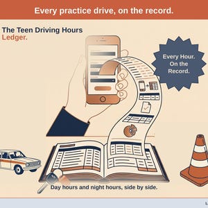 Title slide for the Teen Driving Hours Ledger — a toy sedan, a tabletop traffic cone and a set of car keys beside an open ledger, with a phone feeding it: every practice drive, on the record.