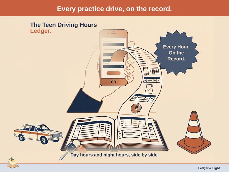 Title slide for the Teen Driving Hours Ledger — a toy sedan, a tabletop traffic cone and a set of car keys beside an open ledger, with a phone feeding it: every practice drive, on the record.