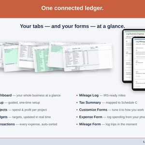 The sheet’s tabs fanned out — Dashboard, Setup, Projects, Budgets, Transactions, Mileage Log, Tax Summary, Customize Forms, Expense Form, Mileage Form — plus the phone form that feeds them. Everything a food vendor ledger is made of, in one view.
