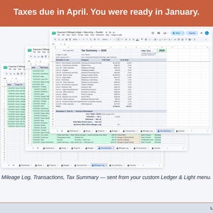 Two exported cards side by side — Tax Summary and Transactions — sent from the Expense & Mileage Ledger + Reporting’s custom Ledger & Light menu. A reseller year, ready to hand over.