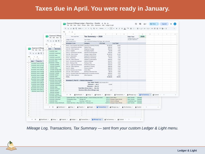 Two exported cards side by side — Tax Summary and Transactions — sent from the Expense & Mileage Ledger + Reporting’s custom Ledger & Light menu. A reseller year, ready to hand over.