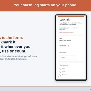 The Log Craft form on a phone: date, craft item, what happened (Added, Used or Counted), amount, project and a note.