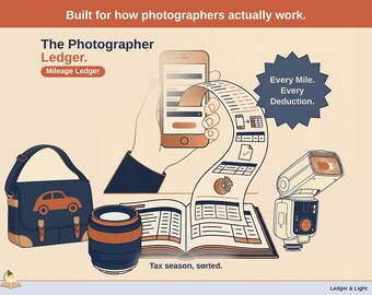 Photographer Mileage Ledger | IRS Mileage Log & Deduction Spreadsheet | 1099 Self-Employed, Schedule C | Google Sheets