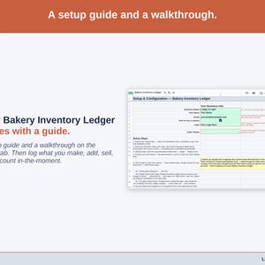 The Setup tab with its walkthrough: a setup guide, then log what you make, add, sell, use or count in-the-moment.
