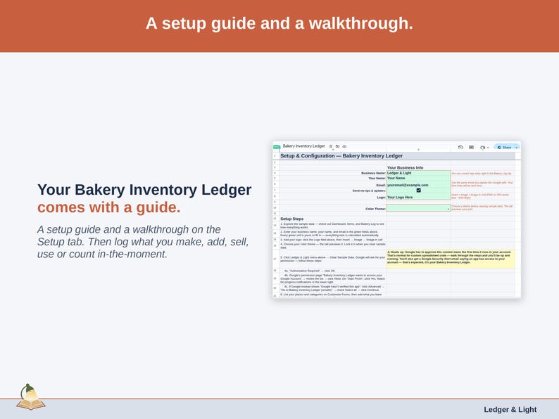 The Setup tab with its walkthrough: a setup guide, then log what you make, add, sell, use or count in-the-moment.