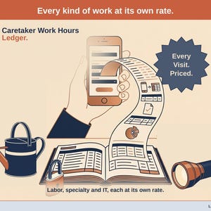 May include: A graphic illustration featuring a hand holding a smartphone with a long receipt scrolling down into an open ledger. Includes a watering can, a padlock, and a flashlight. Text reads: Every kind of work at its own rate. Caretaker Work Hours Ledger. Every Visit. Priced. Labor, specialty and IT, each at its own rate. Ledger & Light.