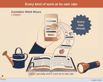 May include: A graphic illustration featuring a hand holding a smartphone with a long receipt scrolling down into an open ledger. Includes a watering can, a padlock, and a flashlight. Text reads: Every kind of work at its own rate. Caretaker Work Hours Ledger. Every Visit. Priced. Labor, specialty and IT, each at its own rate. Ledger & Light.