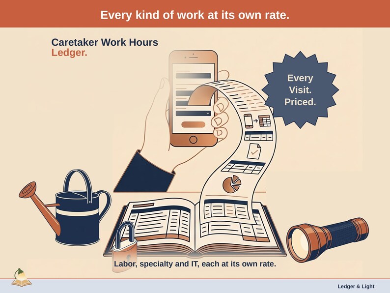 Title slide for the Caretaker Work Hours Ledger — watering can, flashlight and padlock on a desk beside an open ledger, with a phone feeding it: labor, specialty and it, each at its own rate.