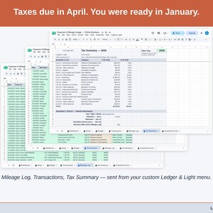 Two exported cards side by side — Tax Summary and Transactions — sent from the Expense & Mileage Ledger’s custom Ledger & Light menu. A online business year, ready to hand over.
