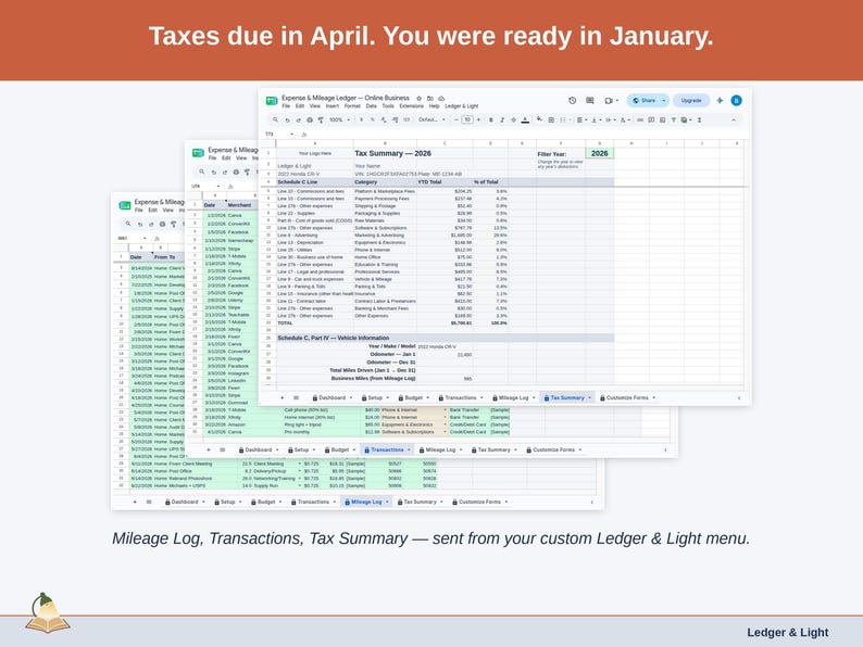 Two exported cards side by side — Tax Summary and Transactions — sent from the Expense & Mileage Ledger’s custom Ledger & Light menu. A online business year, ready to hand over.