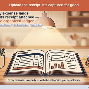 Closing slide, captioned receipt photos attached, one central ledger, yours to keep. Every child care expense lands with its receipt attached, in one ledger that stays in your own Drive.