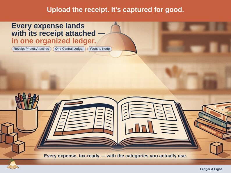Closing slide, captioned receipt photos attached, one central ledger, yours to keep. Every child care expense lands with its receipt attached, in one ledger that stays in your own Drive.