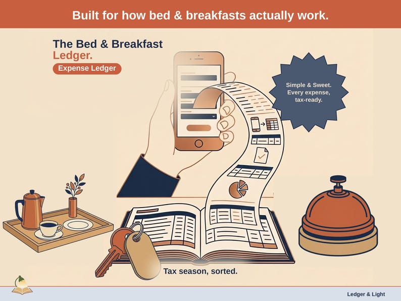 Title slide for the Bed & Breakfast Ledger — “Expense Ledger” set over illustrated bed & breakfast objects on a desk. Expenses, mileage, and tax-ready reporting — with the categories you actually use.