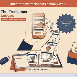 Title slide for the Freelancer Ledger — “Expense & Mileage Ledger + Reporting” set over illustrated freelancer objects on a desk. Expenses, mileage, and tax-ready reporting — with the categories you actually use.
