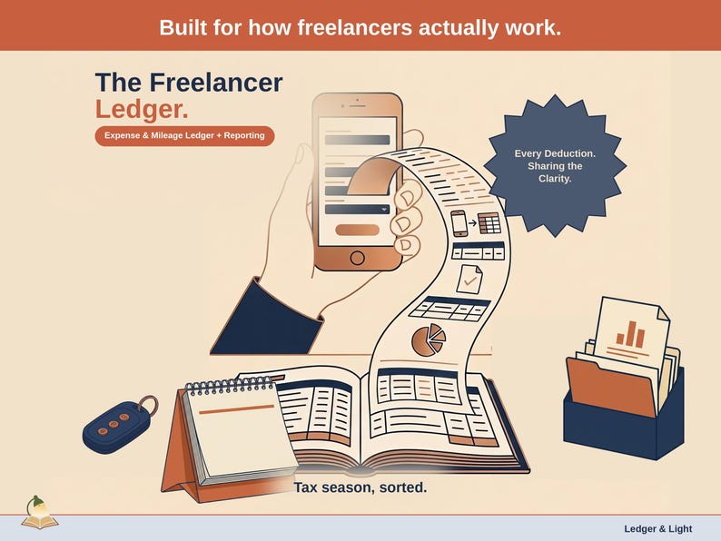 Title slide for the Freelancer Ledger — “Expense & Mileage Ledger + Reporting” set over illustrated freelancer objects on a desk. Expenses, mileage, and tax-ready reporting — with the categories you actually use.