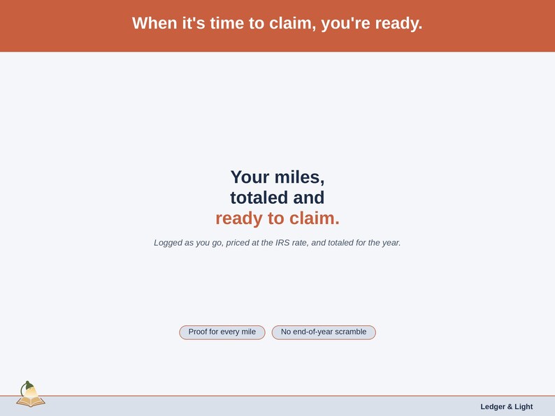 Typographic slide: the year totaled and mapped to Schedule C, Line 9, captioned proof for every mile, no end-of-year scramble.