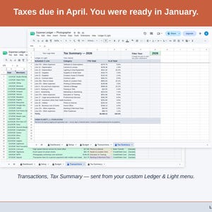 Two exported cards side by side — Tax Summary and Transactions — sent from the Expense Ledger’s custom Ledger & Light menu. A photographer year, ready to hand over.