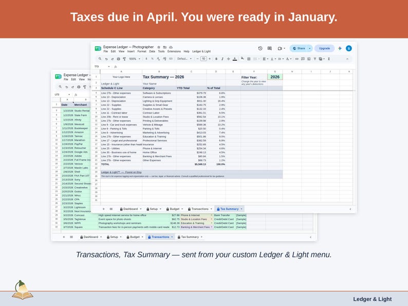 Two exported cards side by side — Tax Summary and Transactions — sent from the Expense Ledger’s custom Ledger & Light menu. A photographer year, ready to hand over.