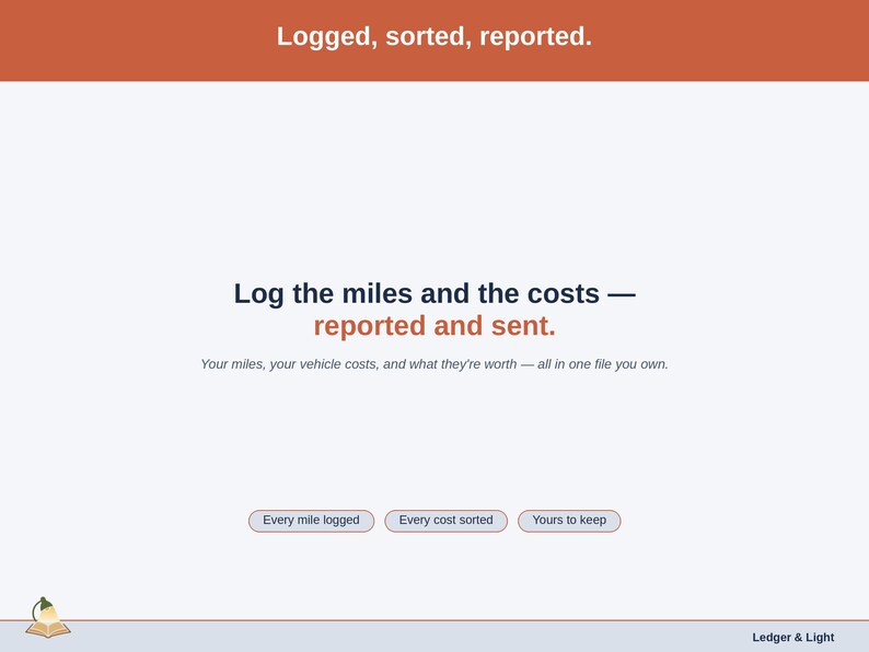 Closing slide, captioned every mile logged, every cost sorted, yours to keep — miles, vehicle costs and the larger deduction, in one file you own.