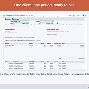 The Invoice Summary tab: Pick a client and a period, tick Unbilled only: bill-to block, line items, totals, your payment details.
