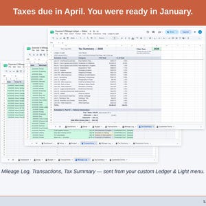 Two exported cards side by side — Tax Summary and Transactions — sent from the Expense & Mileage Ledger’s custom Ledger & Light menu. A maker year, ready to hand over.
