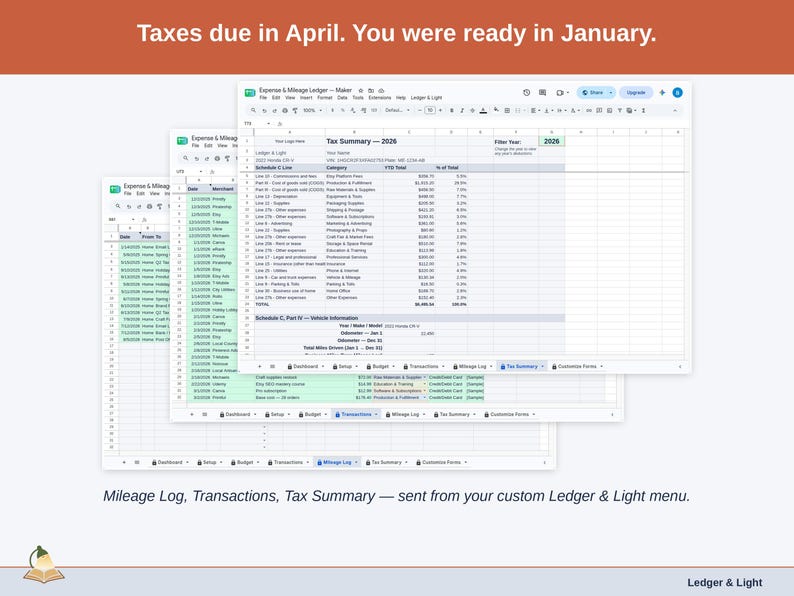 Two exported cards side by side — Tax Summary and Transactions — sent from the Expense & Mileage Ledger’s custom Ledger & Light menu. A maker year, ready to hand over.