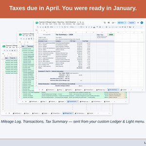 Two exported cards side by side — Tax Summary and Transactions — sent from the Expense & Mileage Ledger + Reporting’s custom Ledger & Light menu. A bed & breakfast year, ready to hand over.