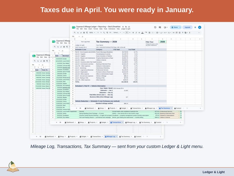 Two exported cards side by side — Tax Summary and Transactions — sent from the Expense & Mileage Ledger + Reporting’s custom Ledger & Light menu. A bed & breakfast year, ready to hand over.