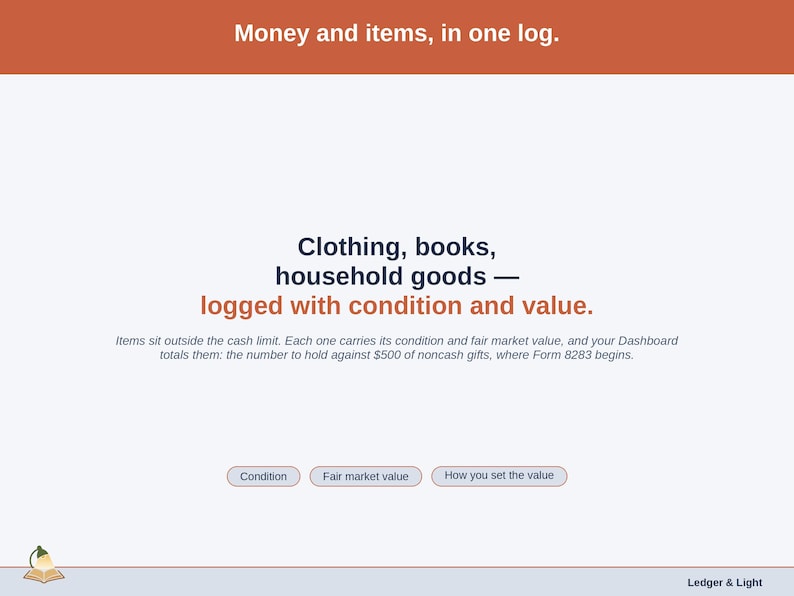 A statement slide on item gifts: clothing, books and household goods logged with condition and fair market value, kept outside the cash limit and totaled on the Dashboard.
