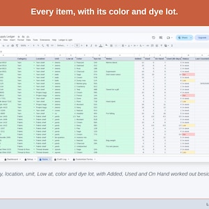 The Items tab: category, location, unit, Low at, color and dye lot for every item, with Added, Used and On Hand worked out beside them.