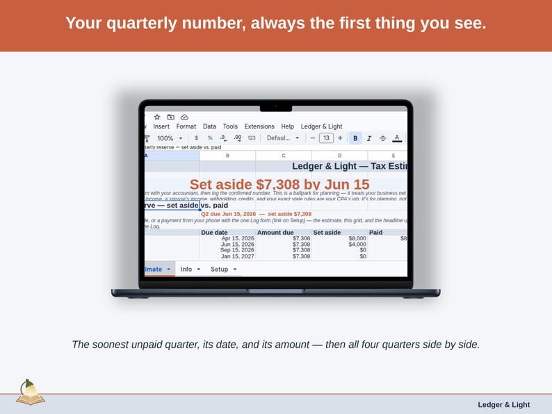 The Estimate tab: the soonest unpaid quarter with its due date and amount at the top, then all four quarters side by side beneath it.