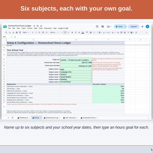 The Setup tab’s school-year section: up to six subject names, the school year dates and an hours goal for each subject.