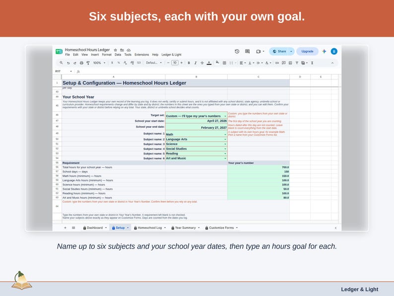 The Setup tab’s school-year section: up to six subject names, the school year dates and an hours goal for each subject.