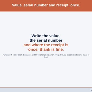 A statement slide on the item record: write the value, the serial number and where the receipt or photo is kept once on the Items tab, and a blank is fine.