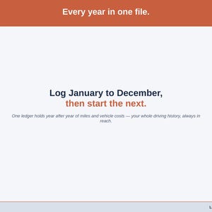 Typographic slide about the multi-year file: log January to December, then start the next year in the same ledger, with the whole driving history still in reach.