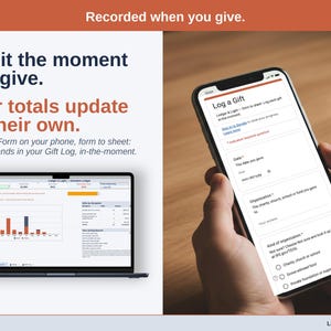 A phone showing the Log a Gift form beside a laptop with the Donation Ledger Dashboard: each gift travels form to sheet and lands in your Gift Log.