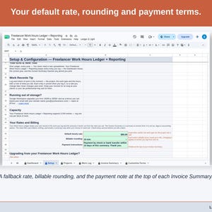The Setup tab’s rates and billing section: a fallback hourly rate, billable rounding, and the payment note printed at the top of each Invoice Summary.