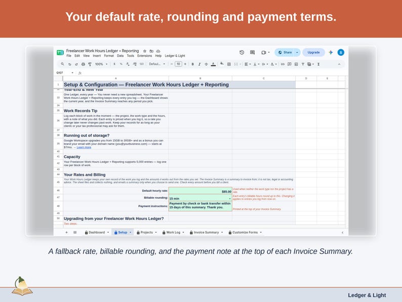 The Setup tab’s rates and billing section: a fallback hourly rate, billable rounding, and the payment note printed at the top of each Invoice Summary.