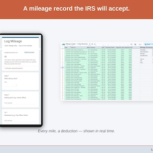 The Mileage Log tab — date, purpose, start and end odometer, miles, and the deduction at the IRS standard rate, calculated per trip. A online business driving record built to be accepted.