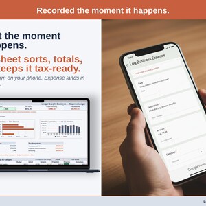 A laptop open to the Dashboard of a contractor Expense Ledger in Google Sheets, with the headline “Log it the moment it happens. The sheet sorts, totals, and keeps it tax-ready”. Google Form on your phone. Expense lands in your sheet.
