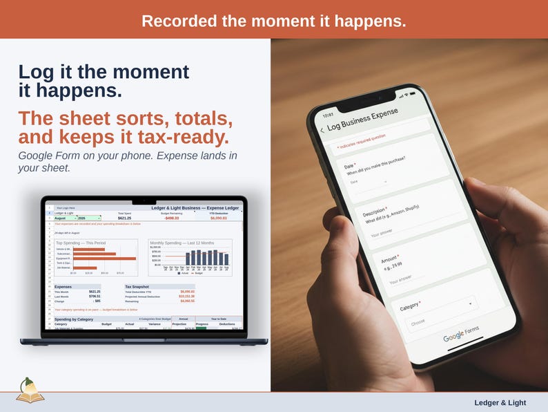 A laptop open to the Dashboard of a contractor Expense Ledger in Google Sheets, with the headline “Log it the moment it happens. The sheet sorts, totals, and keeps it tax-ready”. Google Form on your phone. Expense lands in your sheet.