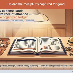 Closing slide, captioned receipt photos attached, one central ledger, yours to keep. Every bed & breakfast expense lands with its receipt attached, in one ledger that stays in your own Drive.