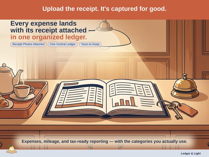 Closing slide, captioned receipt photos attached, one central ledger, yours to keep. Every bed & breakfast expense lands with its receipt attached, in one ledger that stays in your own Drive.