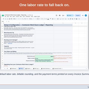 The Setup tab’s rates and billing section: a default labor rate, billable rounding, and the payment terms printed on every Invoice Summary.