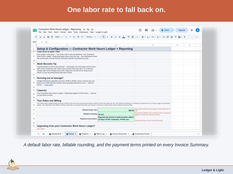 The Setup tab’s rates and billing section: a default labor rate, billable rounding, and the payment terms printed on every Invoice Summary.