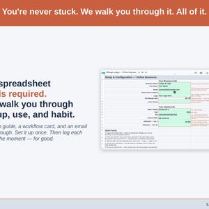The Mileage Ledger’s Setup tab on a laptop, walking a photographer owner through first-time setup step by step. A setup guide, a workflow card, and an email walkthrough. Set it up once. Then log each trip in the moment — for good.