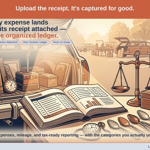 Closing slide, captioned receipt photos attached, one central ledger, yours to keep. Every reseller expense lands with its receipt attached, in one ledger that stays in your own Drive.