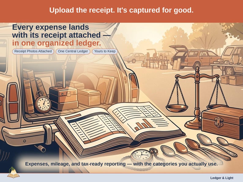 Closing slide, captioned receipt photos attached, one central ledger, yours to keep. Every reseller expense lands with its receipt attached, in one ledger that stays in your own Drive.