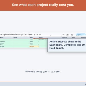 The Projects tab, costs grouped the way a event planner business actually divides its work. by event, client, or venue